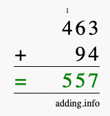 Calculate 463 + 94 using long addition