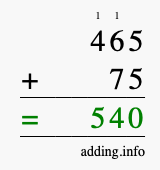 Calculate 465 + 75 using long addition