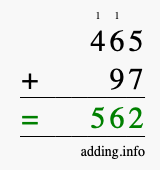 Calculate 465 + 97 using long addition