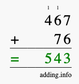 Calculate 467 + 76 using long addition