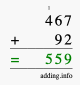Calculate 467 + 92 using long addition