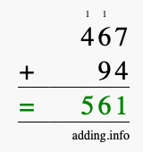 Calculate 467 + 94 using long addition