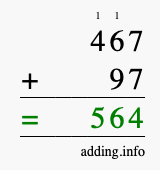 Calculate 467 + 97 using long addition