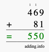 Calculate 469 + 81 using long addition