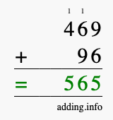 Calculate 469 + 96 using long addition