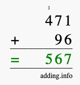 Calculate 471 + 96 using long addition