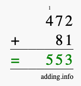 Calculate 472 + 81 using long addition