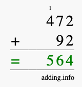Calculate 472 + 92 using long addition