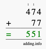 Calculate 474 + 77 using long addition