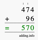 Calculate 474 + 96 using long addition