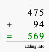 Calculate 475 + 94 using long addition