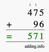 Calculate 475 + 96 using long addition