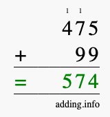 Calculate 475 + 99 using long addition