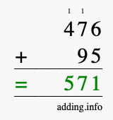 Calculate 476 + 95 using long addition