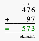 Calculate 476 + 97 using long addition