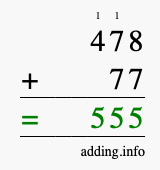 Calculate 478 + 77 using long addition