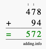 Calculate 478 + 94 using long addition
