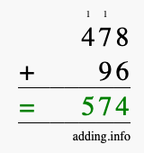 Calculate 478 + 96 using long addition