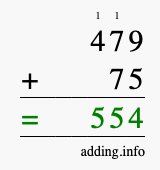 Calculate 479 + 75 using long addition