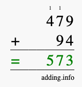 Calculate 479 + 94 using long addition