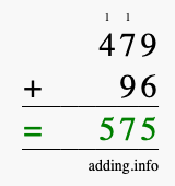 Calculate 479 + 96 using long addition