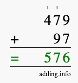 Calculate 479 + 97 using long addition