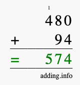 Calculate 480 + 94 using long addition