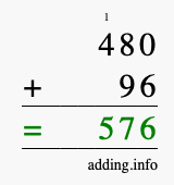 Calculate 480 + 96 using long addition