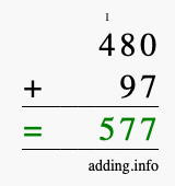 Calculate 480 + 97 using long addition