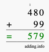 Calculate 480 + 99 using long addition
