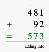 Calculate 481 + 92 using long addition