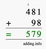 Calculate 481 + 98 using long addition