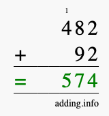 Calculate 482 + 92 using long addition