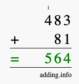 Calculate 483 + 81 using long addition