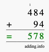 Calculate 484 + 94 using long addition
