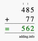 Calculate 485 + 77 using long addition