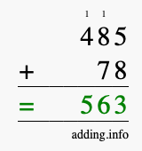 Calculate 485 + 78 using long addition