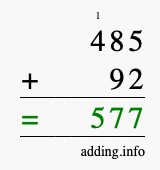Calculate 485 + 92 using long addition