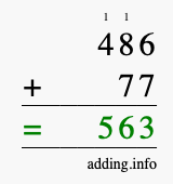 Calculate 486 + 77 using long addition