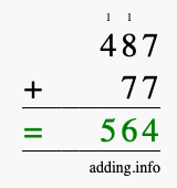 Calculate 487 + 77 using long addition