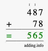 Calculate 487 + 78 using long addition