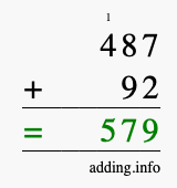 Calculate 487 + 92 using long addition