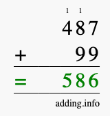 Calculate 487 + 99 using long addition