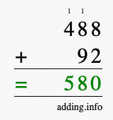 Calculate 488 + 92 using long addition