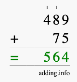 Calculate 489 + 75 using long addition