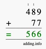 Calculate 489 + 77 using long addition