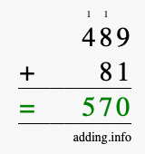 Calculate 489 + 81 using long addition