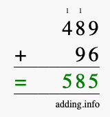 Calculate 489 + 96 using long addition