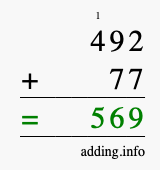 Calculate 492 + 77 using long addition