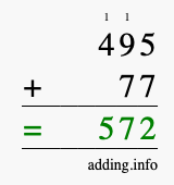 Calculate 495 + 77 using long addition
